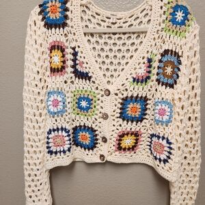 Debut Cream Crochet Cardigan with Multicolor Floral Patterns